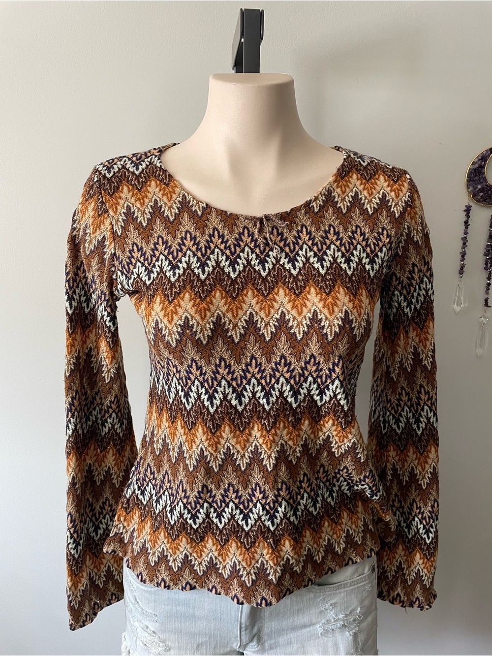 90s Y2K Vintage 70s Style Knit Long Sleeve Top Flare Sleeve Chevron Earthy Boho